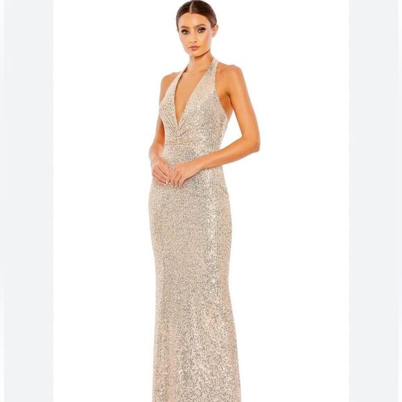 NEW Mac Duggal 11277 Women's Ieena Sequined Halter Strap Plunge Neck Gown - Picture 5 of 6